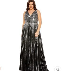 Mac Duggal Sequined striped Sleeveless V- neck a line Gown